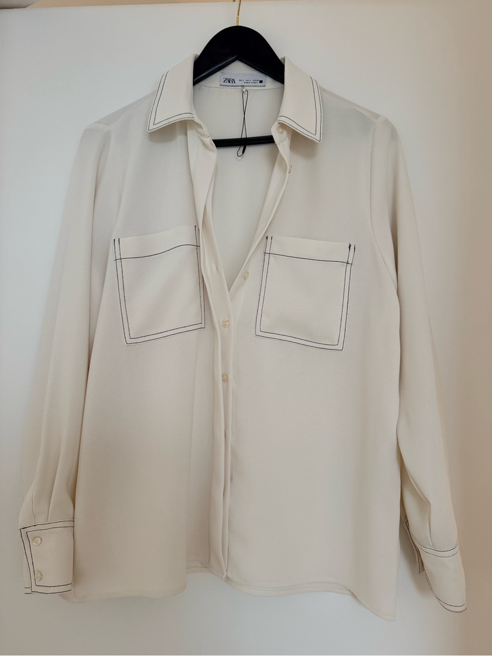 ZARA Cream Button-Down Shirt with Contrast Stitching